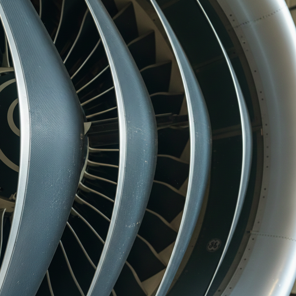 GE9X engine fan blades displayed on Boeing 777X.