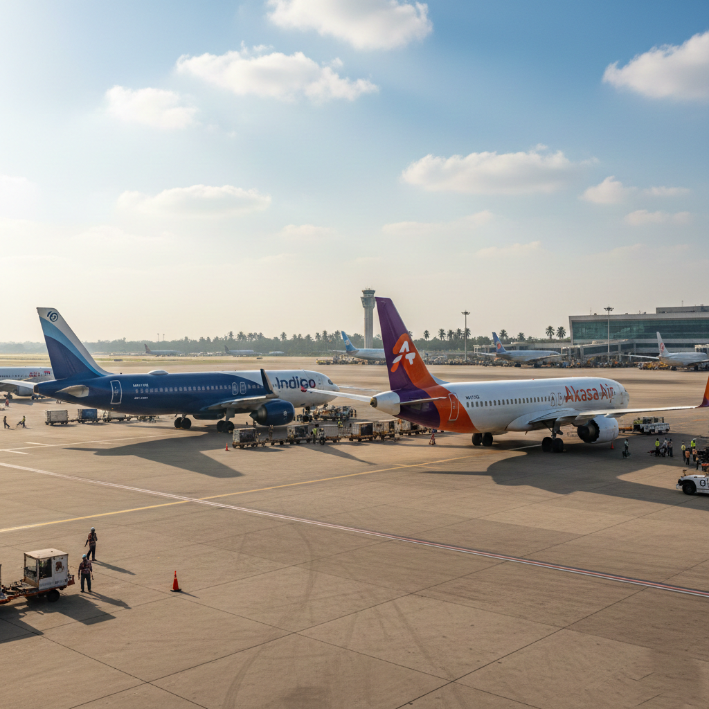 IndiGo and Akasa Air aircraft parked side by side at Indian airport