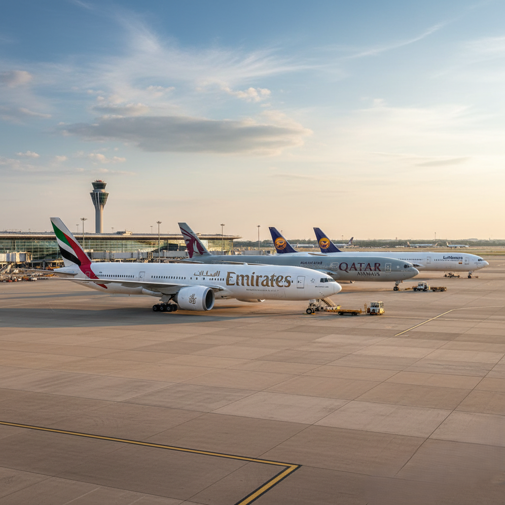 Lineup of Boeing 777X aircraft in liveries of Emirates, Qatar, Lufthansa.
