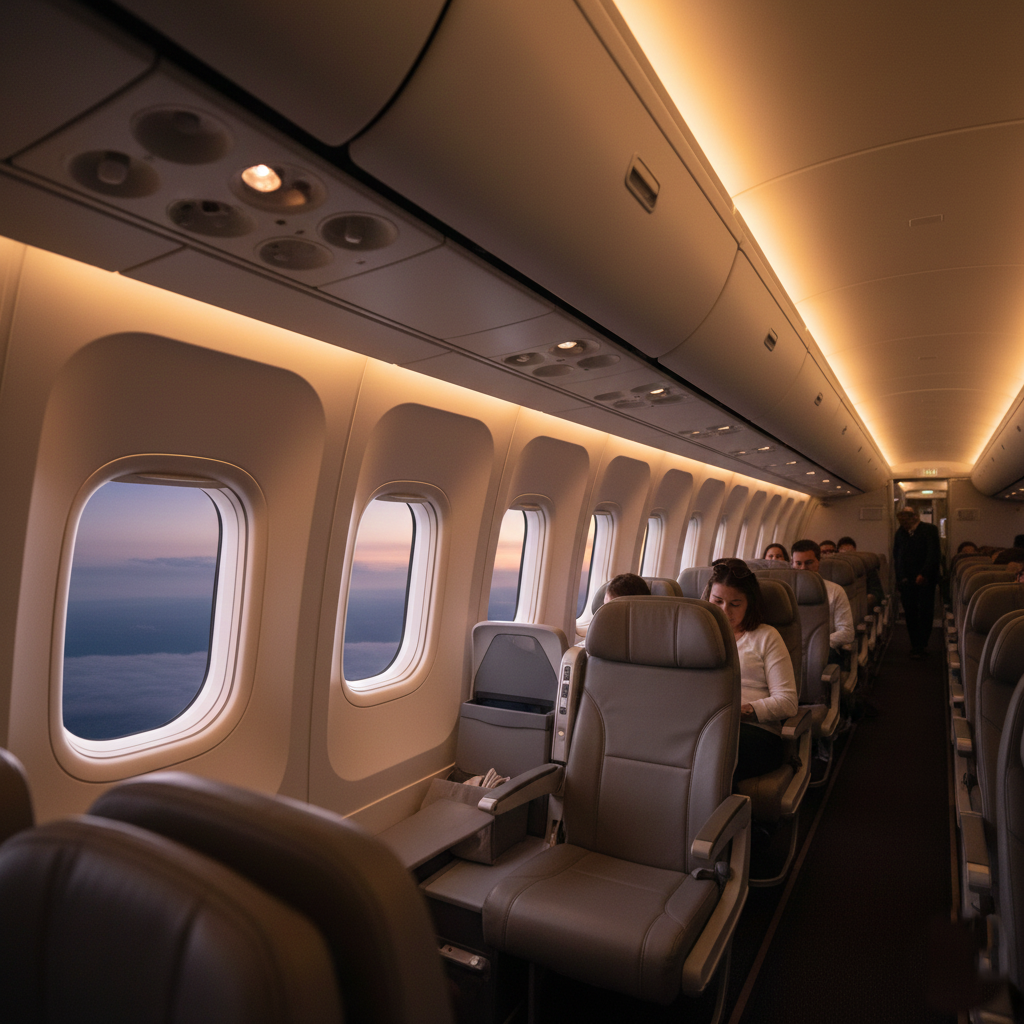 Spacious Boeing 777X interior cabin with wide windows.